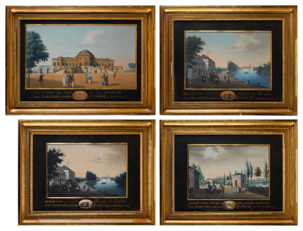 View full screen - View 1 of Lot 14. A group of four hand-coloured aquatints with a views of the Palaces of King Friedrich I von Württemberg in Stuttgart | Gruppe von vier handkolorierten Aquatinten mit Ansichten von den Stuttgarter-Palästen Königs Friedrich I von Württemberg.