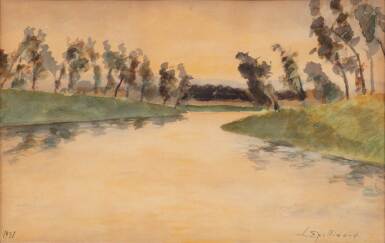 View full screen - View 1 of Lot 58. Paysage de rivière avec arbres sur les berges.