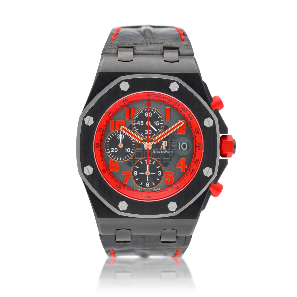 View full screen - View 1 of Lot 40. Royal Oak Offshore "Marcus" Chronograph reference 26299SN.OO.D001GA.01 A limited edition DLC finish stainless steel automatic chronograph wristwatch with date, circa 2011.