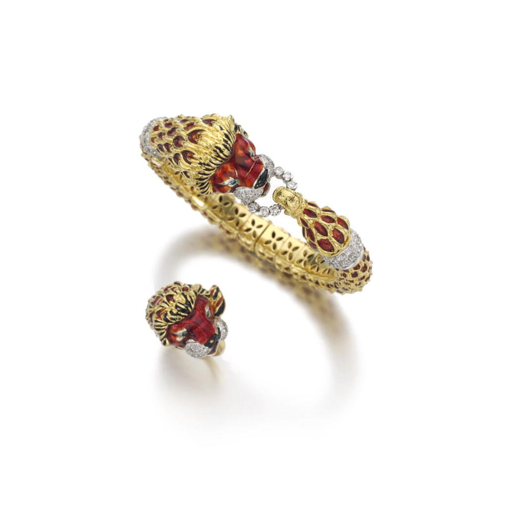 View full screen - View 1 of Lot 232. ENAMEL AND DIAMOND DEMI-PARURE, KUTCHINSKY.