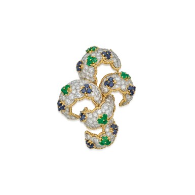 View full screen - View 1 of Lot 295. Gold, Diamond, Emerald and Sapphire Clip-Brooch, France.