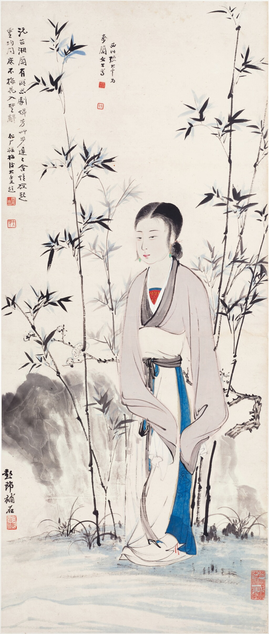 View full screen - View 1 of Lot 3038. 張大千、于非闇、彭恭甫 紅袖倚雙清 | Chang Dai-chien; Yu Fei'an; Peng Gongfu, Lady by Bamboo and Plum Blossoms.