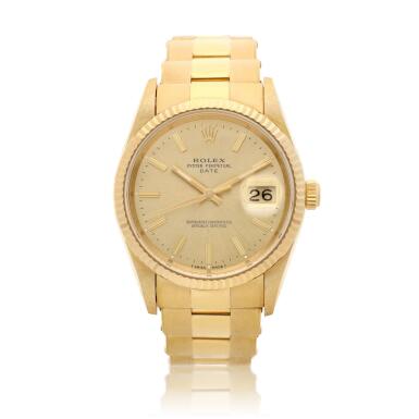 View full screen - View 1 of Lot 43. Reference 15238 Datejust A yellow gold automatic wristwatch with date and bracelet, Circa 1991.