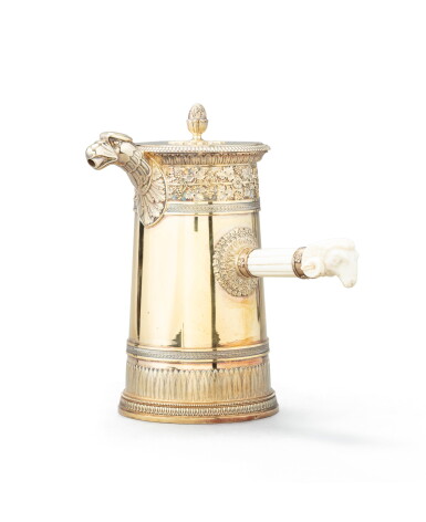 View full screen - View 1 of Lot 45. A large silver-gilt coffee pot of Empire style, Odiot, Prévost Récipon, Paris, circa 1910 | Grande cafetière en vermeil de style Empire par Odiot, Prévost Récipon, Paris, vers 1910.