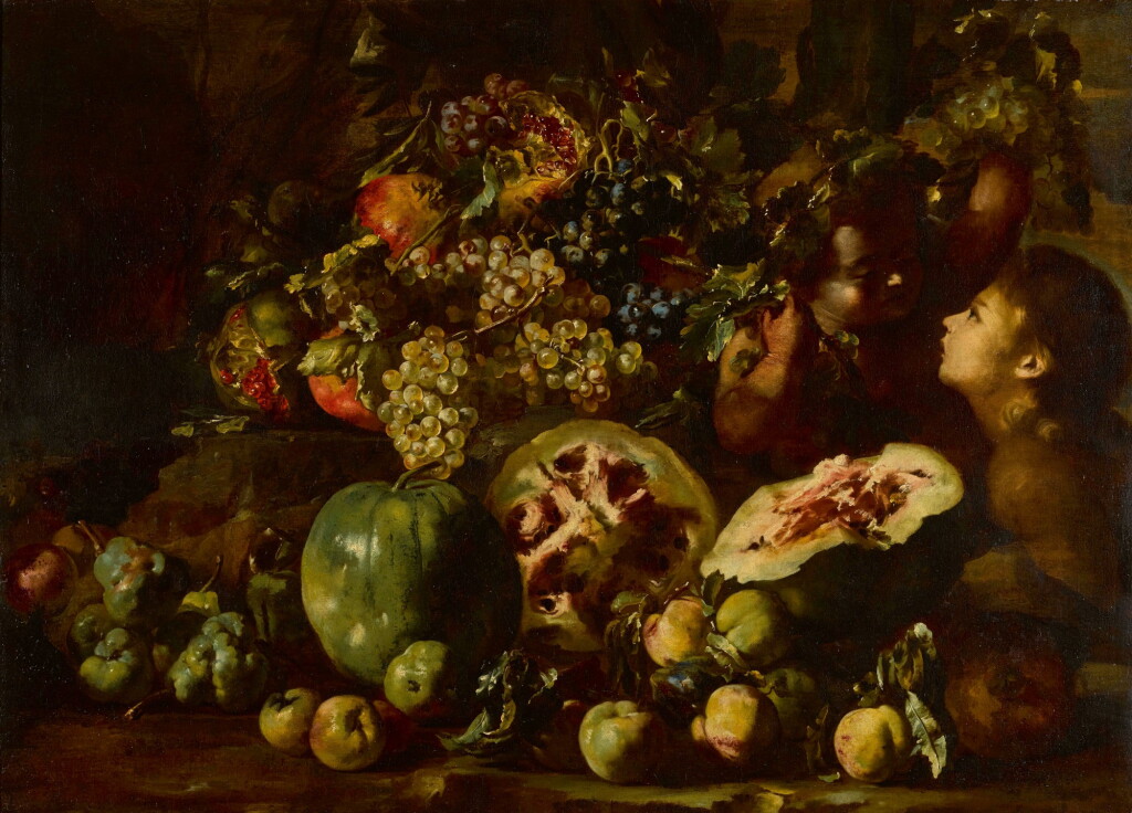 View full screen - View 1 of Lot 123. Still life with watermelons, grapes, apples, pomegranates and other fruits, with two children.