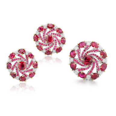 View full screen - View 1 of Lot 2785. Ruby and Diamond Demi-Parure | 天然「緬甸」未經加熱紅寶石 配 鑽石 戒指及耳環 套裝 (紅寶石共重16.64克拉).