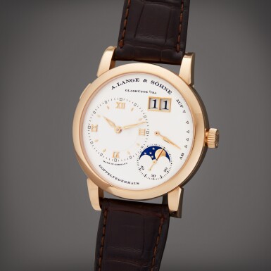 View full screen - View 1 of Lot 68. Lange 1 Moon Phase | A pink gold wristwatch with digital date display, moon phases, and power reserve indication, Circa 2014 | 朗格 Lange 1 Moon Phase 粉紅金腕錶備數字日期、月相及動力儲存顯示,製作年份約 2014.