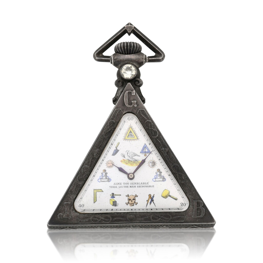 View full screen - View 1 of Lot 426. A silver triangular Masonic watch, Circa 1900.