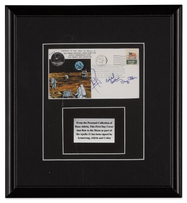 View full screen - View 1 of Lot 43. Buzz Aldrin's FLOWN Apollo 11 Crew-Signed NASA Manned Spacecraft Center Cover, with custom frame.