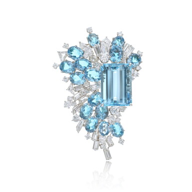 View full screen - View 1 of Lot 873. Aquamarine and diamond brooch, 1960s.