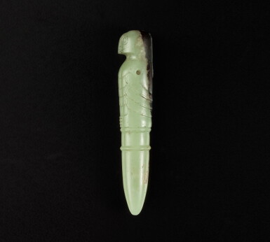 View full screen - View 1 of Lot 229. An extremely rare green and russet jade bird-form hair ornament, Neolithic period, Late Shijiahe Culture | 新石器時代 石家河文化晚期 玉鳥紋笄.