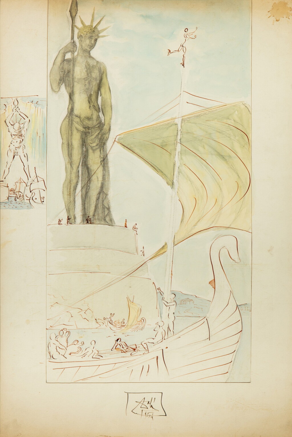 View full screen - View 1 of Lot 232. Le Colosse de Rhodes, study for the painting ''Le Colosse de Rhodes'' (1954) for the film project of Lowell Thomas (1892-1981) Seven Wonders of the World (1956) .