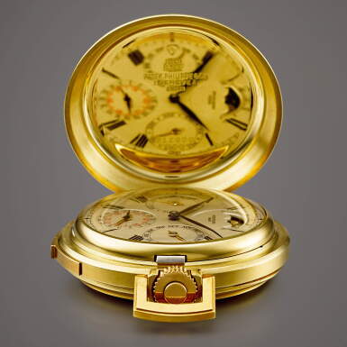 View full screen - View 1 of Lot 2028. Reference 839 | A unique yellow gold minute repeating perpetual calendar hunting case watch with moon phases, Movement manufactured in 1874 and sold in 1875, Re-cased upon special request in 1962 | 百達翡麗 | 型號839 | 獨一無二黃金三問萬年曆獵殼懷錶,備月相顯示,機芯於1874年製及於1875年售,於1962年應特別要求安裝新錶殼.