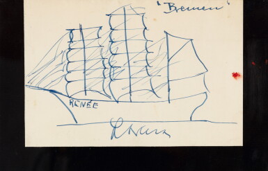 View full screen - View 1 of Lot 26. CELINE. Bâteau trois-mats. Dessin original, encre bleue. Vers 1950..
