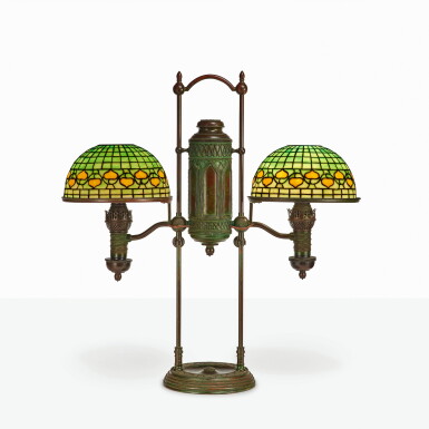 View full screen - View 1 of Lot 33. TIFFANY STUDIOS | "VINE BORDER" DOUBLE STUDENT TABLE LAMP.