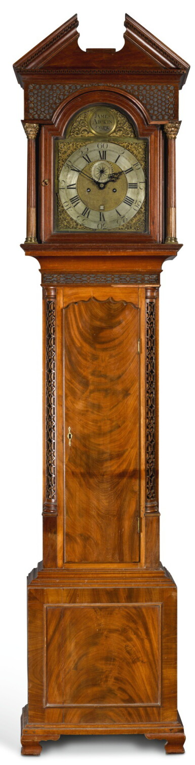View full screen - View 1 of Lot 224. AN IRISH GEORGE III MAHOGANY AND CHINOISERIE CARVED FRETWORK LONGCASE CLOCK, JAMES AIKIN, CORK, CIRCA 1780.