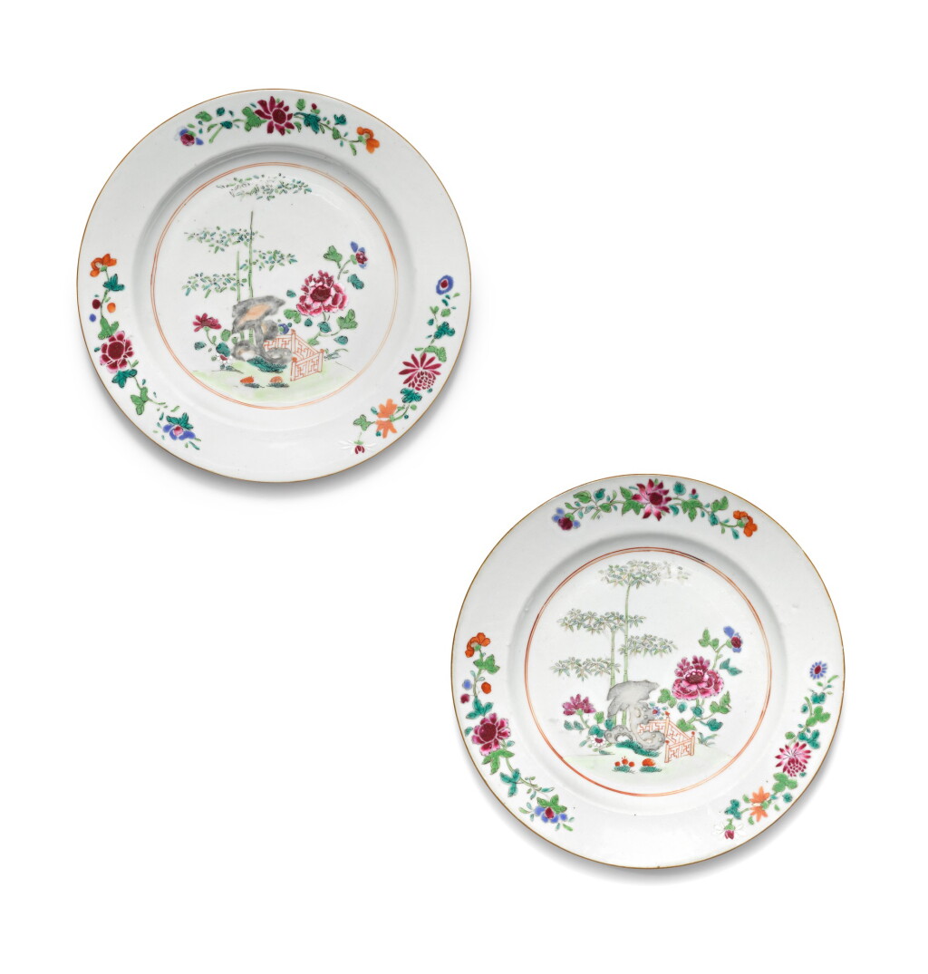 View full screen - View 1 of Lot 293. A pair of famille-rose dinner plates, Qing dynasty, 18th century.