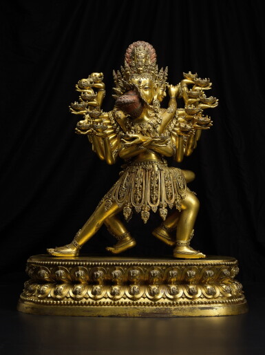 View full screen - View 1 of Lot 3816. A monumental gilt-bronze figure of Kapaladhara Hevajra, Early Ming dynasty | 明初 鎏金銅喜金剛立像.