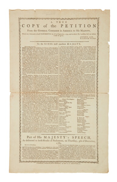 View full screen - View 1 of Lot 36. Olive Branch Petition | A rare broadside, with the King's speech acknowledging American independence.
