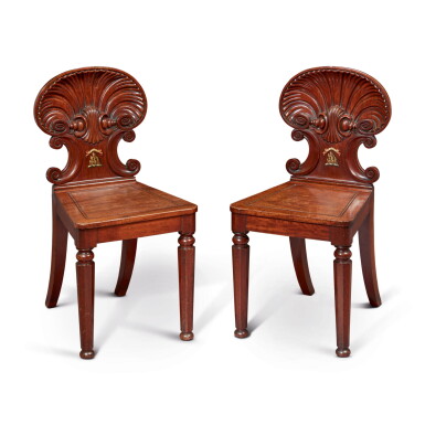 View full screen - View 1 of Lot 629. A PAIR OF GEORGE IV MAHOGANY HALL CHAIRS, POSSIBLY BY GILLOWS, RETAILED BY JAMES WINTER, SOHO, CIRCA 1825.