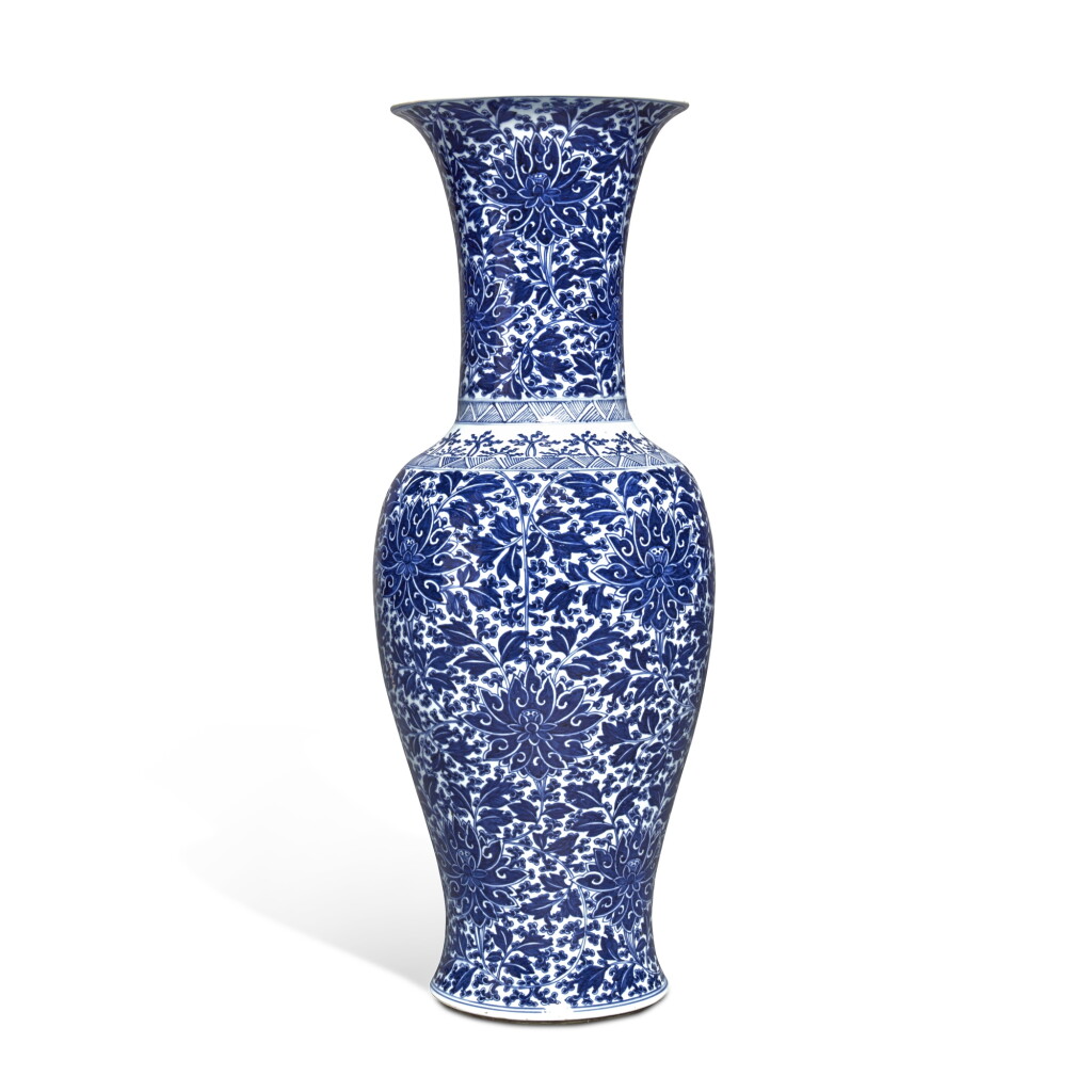 View full screen - View 1 of Lot 208. A massive blue and white 'lotus' phoenix-tail vase, Qing dynasty, Kangxi period.