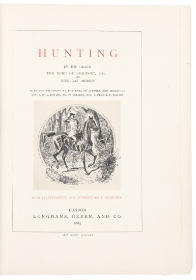 View full screen - View 1 of Lot 133. Sturgess, John (illustrator), Henry Charles F. Somerset, Duke of Beaufort, and Mowbray Morris. The rare large paper copy, bound by Riviere and extra-illustrated with original drawings by Sturgess for illustrations within the book.