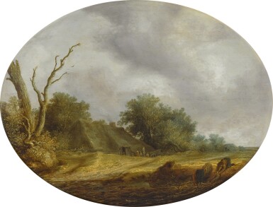 View full screen - View 1 of Lot 61. Two brushwood gatherers, with a barn, seated and standing figures, a farmers' wagon and trees beyond.