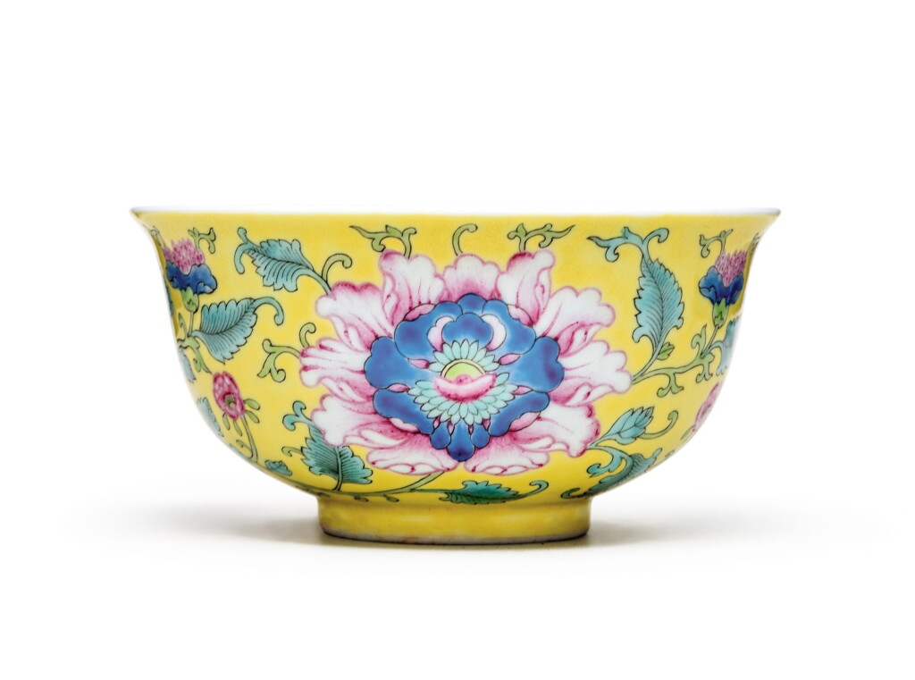 View full screen - View 1 of Lot 350. A yellow-ground famille-rose 'peony' bowl, Seal mark and period of Daoguang | 清道光 黃地粉彩牡丹紋盌 《大清道光年製》款.