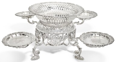 View full screen - View 1 of Lot 128. A GEORGE II SILVER TABLE EPERGNE, ELIZABETH GODFREY, LONDON, 1755.