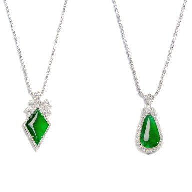 View full screen - View 1 of Lot 2843. Two Jadeite and Diamond Necklaces | 天然翡翠 配 鑽石 項鏈兩條.