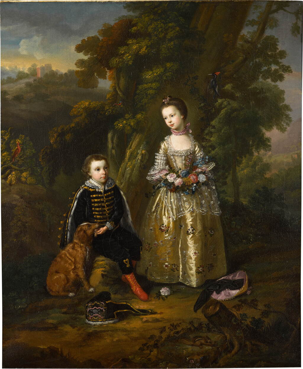 View full screen - View 1 of Lot 139. Conversation piece of the Hon. Herbert Hickman Windsor, dressed in Hussars' uniform with his sister Charlotte Jane, later Countess of Bute, with their dog and other pet animals in a landscape.