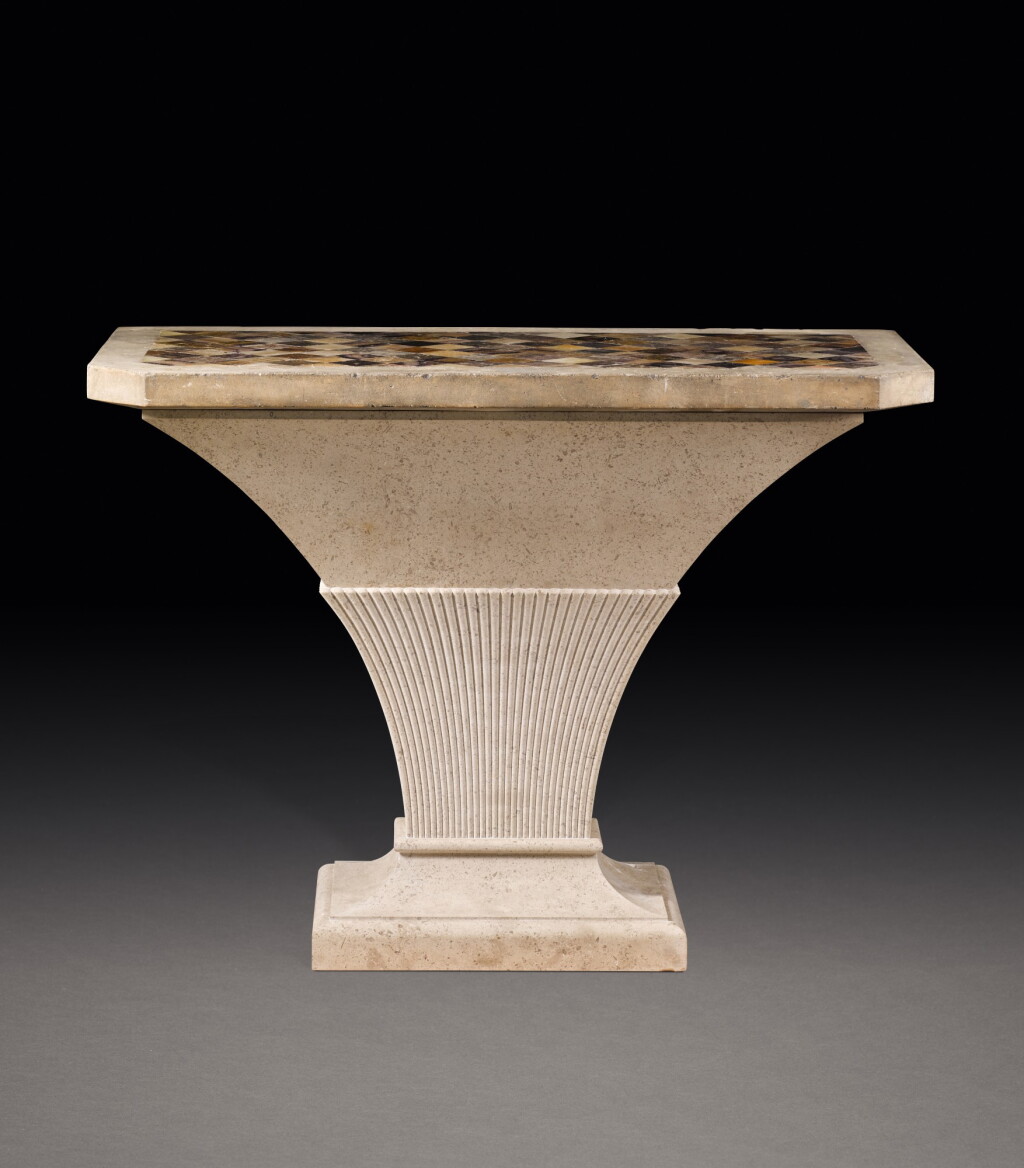 View full screen - View 1 of Lot 150. A GEORGE III PORTLAND STONE, BLUE JOHN, SPECIMEN MARBLES AND FOSSILISED LIMESTONE TABLE, THE TOP LATE 18TH/EARLY 19TH CENTURY, THE STAND MODERN.