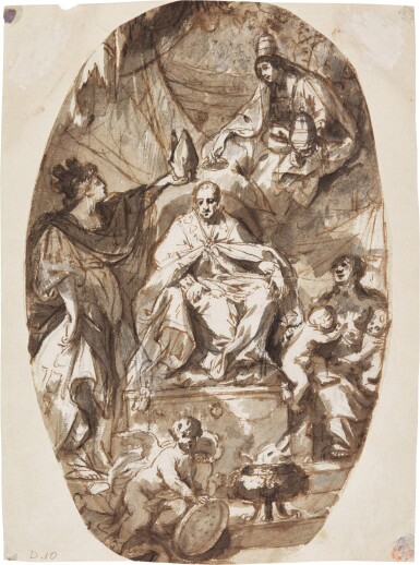 View full screen - View 1 of Lot 30. A Pope seated on a throne: To the right an allegory of the Church crowns the new Pope while holding a papal tiara with her left hand, and to the left an allegorical figure of a city holds a bishop's hat.