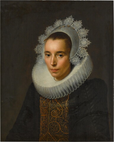 View full screen - View 1 of Lot 17. Portrait of a lady, half-length, wearing a black dress with a gold-embroidered stomacher, a white ruff and lace head-dress.