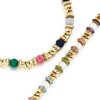 View full screen - View 1 of Lot 53. Bulgari | Collier et bracelet pierres de couleur, "Gancio" | Gem-set necklace and bracelet, 'Gancio'.