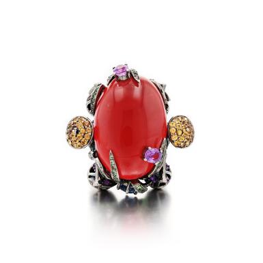 View full screen - View 1 of Lot 243. Rhodochrosite, diamond and gemset ring.