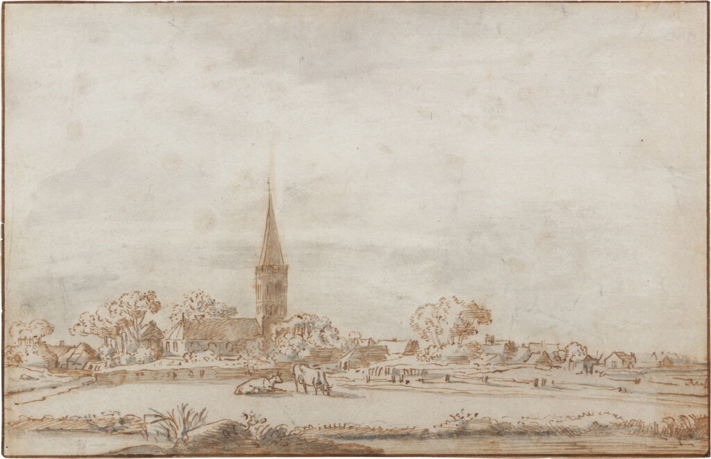 View full screen - View 1 of Lot 29. Rural landscape with two cows before a church, possibly Diemen.