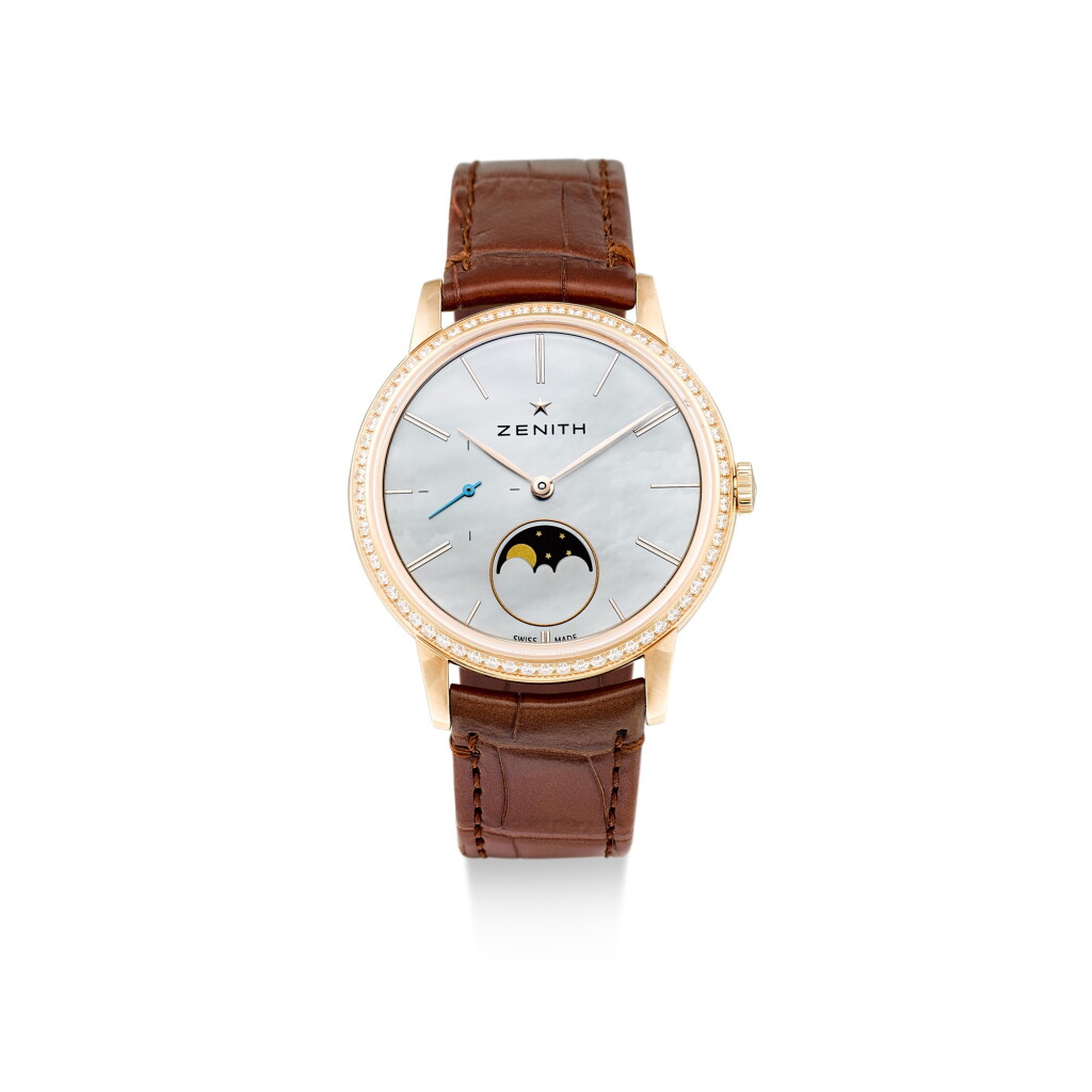 View full screen - View 1 of Lot 67. ZENITH | ELITE, REFERENCE 22.2320.692, A PINK GOLD AND DIAMOND-SET WRISTWATCH WITH MOON PHASES AND MOTHER-OF-PEARL DIAL, CIRCA 2015.
