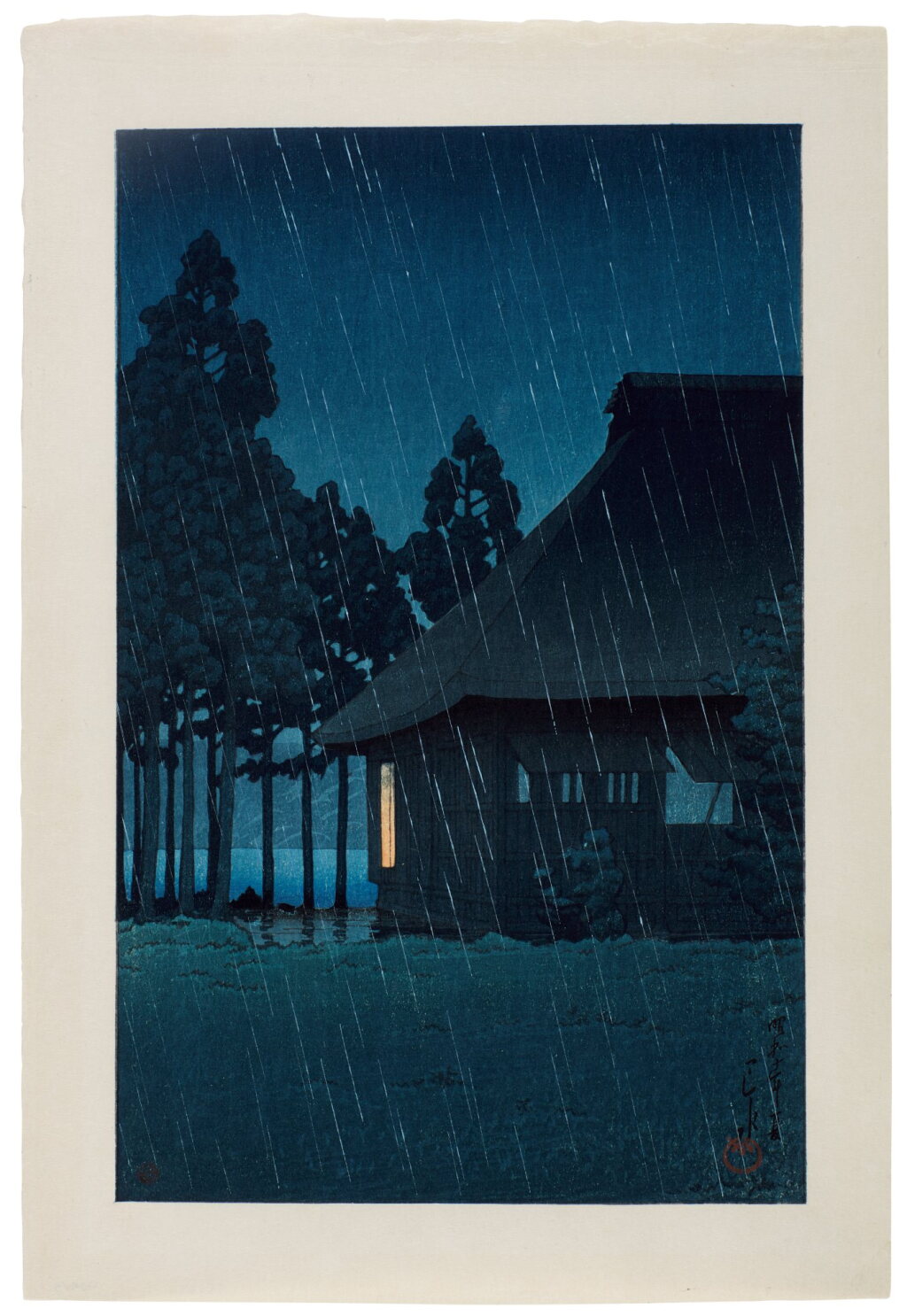 View full screen - View 1 of Lot 107. Kawase Hasui (1883-1957) | Evening rain at a lakeside tearoom | Showa period, 20th century .