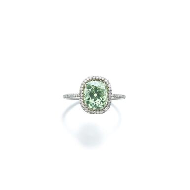 View full screen - View 1 of Lot 601. Rare Fancy Intense Yellowish Green diamond ring.