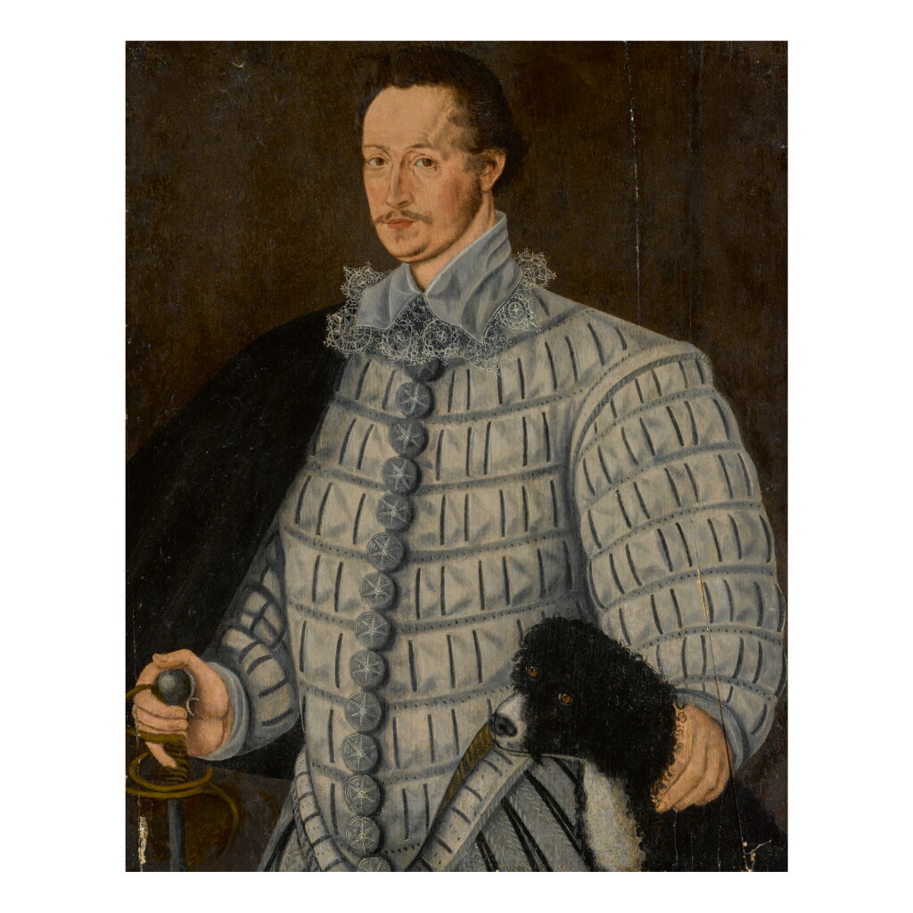 View full screen - View 1 of Lot 118. CIRCLE OF GEORGE GOWER | PORTRAIT OF A GENTLEMAN, THREE-QUARTER LENGTH, WITH HIS DOG.