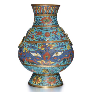 View full screen - View 1 of Lot 16. A rare cloisonné enamel 'taotie' hu-form vase, Late Ming dynasty | 明末 銅胎掐絲琺瑯饕餮紋鋪首耳壺.
