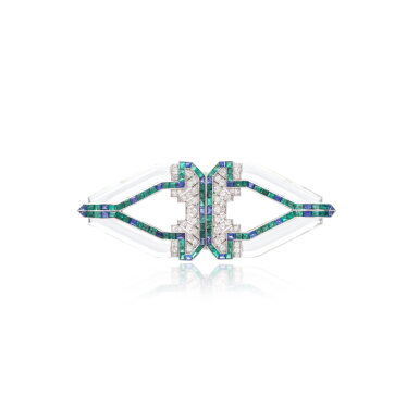 View full screen - View 1 of Lot 791. Rock crystal, gem set and diamond double-clip brooch, circa 1930.