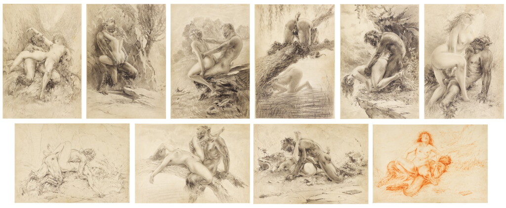 View full screen - View 1 of Lot 47. EUROPEAN SCHOOL, Late 19th /Early 20th Century | A GROUP OF TEN EROTIC DRAWINGS OF PAN AND A NYMPH.