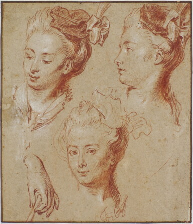 View full screen - View 1 of Lot 200. Studies of three female heads and a hand, possibly holding a fan.