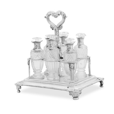 View full screen - View 1 of Lot 57. A George III silver-mounted cruet set, Paul Storr of Storr & Co. for Rundell, Bridge & Rundell, London, 1816.