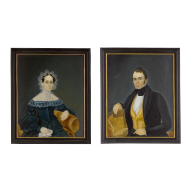 View full screen - View 1 of Lot 1658. ATTRIBUTED TO AMMI PHILLIPS | PAIR OF PORTRAITS: GENTLEMAN IN A YELLOW WAISTCOAT AND WOMAN IN A BLACK DRESS WITH WHITE LACE BONNET .