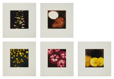 View full screen - View 1 of Lot 164. Acanthus; Two Pears, a Lemon and an Egg; Yellow Peppers; Pomegranates; and Fig, Lemons, a Pear and an Egg.