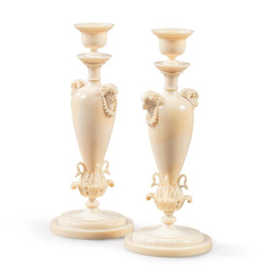 View full screen - View 1 of Lot 1373. A pair of Indian carved ivory candlesticks, Murshidabad, late 18th century.