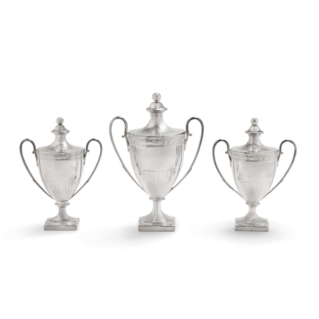 View full screen - View 1 of Lot 538. A Set of Three George III Silver Condiment Vases, John Schofield, London, 1787.